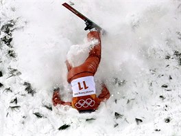 Alla Tsuper, of Belarus, crashes during the women's freestyle aerial final at...