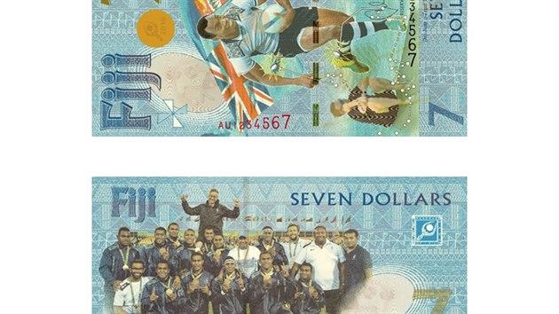 Fidži, 7 dolarů. Nezvykle "nezaokrouhlená" hodnota bankovky a její motivy nezaskočí fanoušky sedmičkového ragby. Platidlo oslavuje fidžijský tým, který získal v roce 2016 zlato na olympiádě v Riu. Sedící muž na přední straně je anglický trenér Fidžijců Ben Ryan. Hodnota bankovky cca 70 Kč.