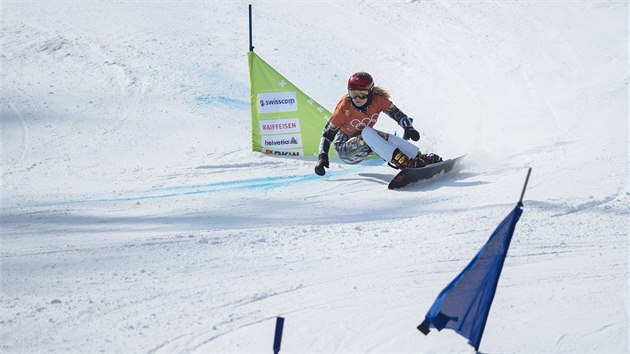 Ester Ledecká při svém úterním snowboardovém tréninku. (20. února 2018)