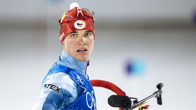 Český biatlonista Michal Krčmář v olympijském závodu ve smíšené štafetě. (20. února 2018)