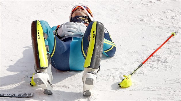 V͍EZ. vdsk lya Andr Myhrer po finlov jzd olympijskho slalomu. (22. nora 2018)