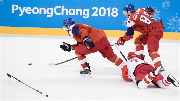 esk hokejista Adam Polek piel po ruskm seknut o hokejku. (23. nora 2018)