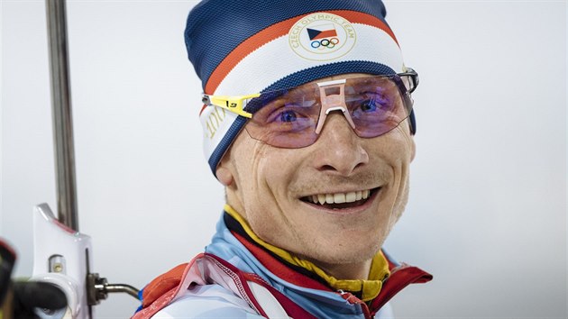 esk biatlonista Ondej Moravec ve tafetovm zvod na 4x7,5 kilometru v olympijskm stedisku Alpensia. (22. nora 2018)