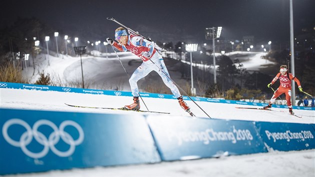 esk biatlonista Ondej Moravec ve tafetovm zvod na 4x7,5 kilometru v olympijskm stedisku Alpensia. (22. nora 2018)