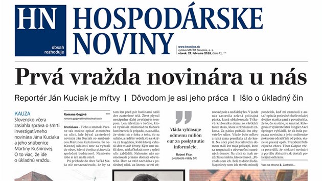 Titulní strana slovenského deníku Hospodárske noviny (27. února 2018)