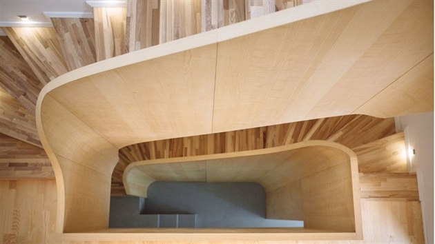 Studio AEIOU navrhlo rekonstrukci rodinného domu v Brně. Dominantou prostoru se stalo dřevěné schodiště, které svojí dynamickou křivkou vytváří „sochu“ vinoucí se celým domem.