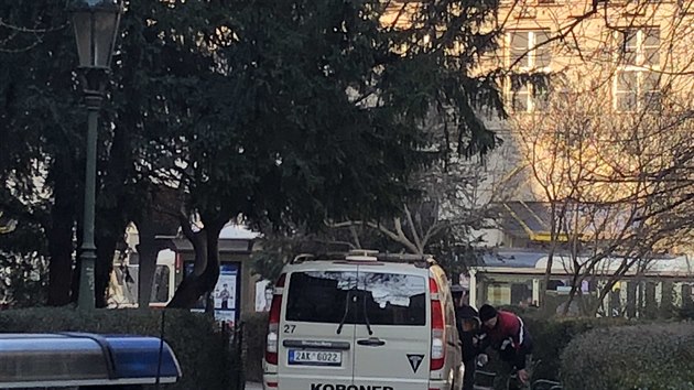 V parku za kostelem sv. Jindicha a sv. Kunhuty v Jindisk ulici vyetuj policist nlez mrtvho lovka (21.2.2018