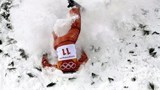 Alla Tsuper, of Belarus, crashes during the women's freestyle aerial final at...