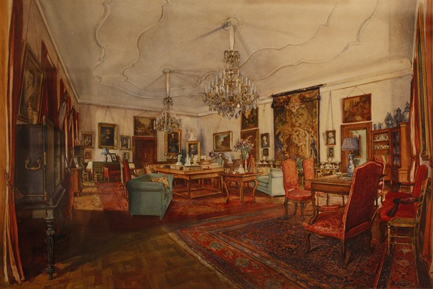 Obraz Sigismunda Rudla, který zachycuje Rohový sál dínského zámku s tapiserií...
