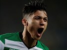 Fredy Montero ze Sportingu Lisabon slaví gól proti Plzni v utkání Evropské ligy.