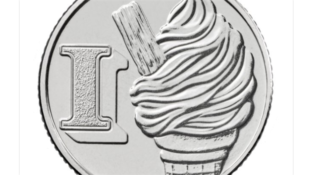 Mince s písmenem „I“ symbolizuje zmrzlinu (ice cream) v kornoutu.