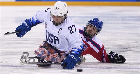 eský sledge hokejista Daniel Palát bojuje o puk s Joshem Paulsem z USA.