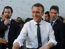 Francouzský prezident Emmanuel Macron pi setkání se studenty v Dillí...