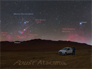 Hvzdné nebe nad poutí Atacama s popisem autora.