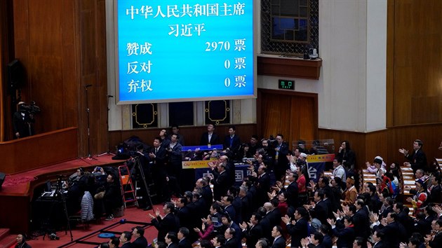 Si Ťin-pching byl ve své funkci potvrzen jednomyslně. Ani jeden z přítomných 2970 delegátů nehlasoval proti. (17.3.2018)