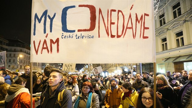 Na Václavském náměstí se konala demonstrace na podporu České televize v reakci na inaugurační projev Miloše Zemana. (14. března 2018)