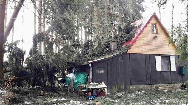 Kvůli silnému větru hasiči nařídili zákaz vstupu do chatové oblasti poblíž obce Suchý. (18. března 2018)