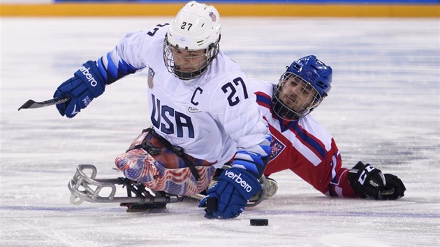 esk sledge hokejista Daniel Palt bojuje o puk s Joshem Paulsem z USA.