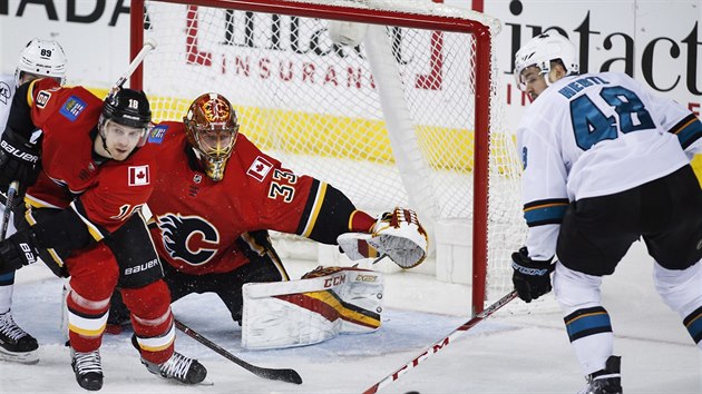 esk glman ve slubch Calgary David Rittich se chyst na zsah proti tonkovi San Jose Tomi Hertlovi.