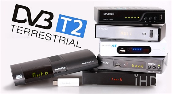 Testované DVB-T2 set-top boxy pohromadě.