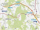 Mapa zobrazujc trasu dosud chybjcho seku dlnice D35 mezi Starm Mstem a...
