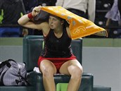 Jelena Ostapenková se na turnaji v Miami schovává před deštěm.