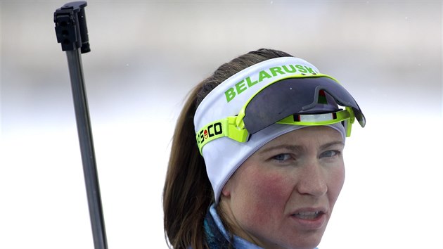Blorusk biatlonistka Darja Domraevov ve finle Svtovho pohru v rusk Tjumeni.