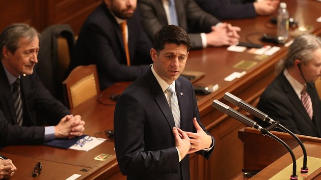 V české dolní komoře parlamentu hovořil šéf americké Sněmovny reprezentantů Paul Ryan (27. března 2018).
