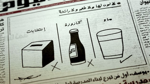 Karikatura v egyptských novinách Al Masry Al Youm říká: „Nemá to žádnou barvu, chuť ani vůni - voda, lehký drink, volby.“ (18. března 2018)