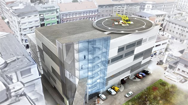 Nov modern osmipatrov pavilon s heliportem na stee propoj se souasnou razovou nemocnic nadzemn kryt lvka.
