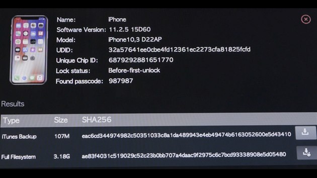 Informace o iPhonu X, kter proel procesem odemen na GrayKey boxu.
