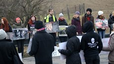Vegan�tí a vegetarián�tí aktivisté se se�li p�ed branou firmy Jatky Bu�ovice,...