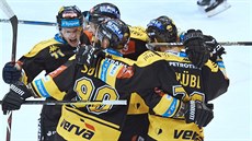 Litvínovtí hokejisté se radují z gólu Viktora Hübla.