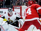 Gustav Nyquist z Detroitu v anci ped ottawským brankáem Mikem Condonem