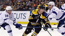 Ondej Palát (vlevo) a Ryan McDonagh z Tampa Bay se snaí zastavit bostonského...