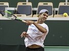Jií Veselý pi tréninku ped zápasem Davis Cupu proti Izraeli.