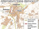 Znzornn pravy trasy poslednho seku dlnice D1 u Perova, o kterou se...
