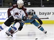 Tom Hertl (vpravo) ze San Jose brn Gabriela Landeskoga z Colorada.