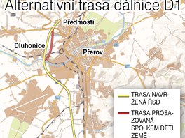 Znázornění úpravy trasy posledního úseku dálnice D1 u Přerova, o kterou se...