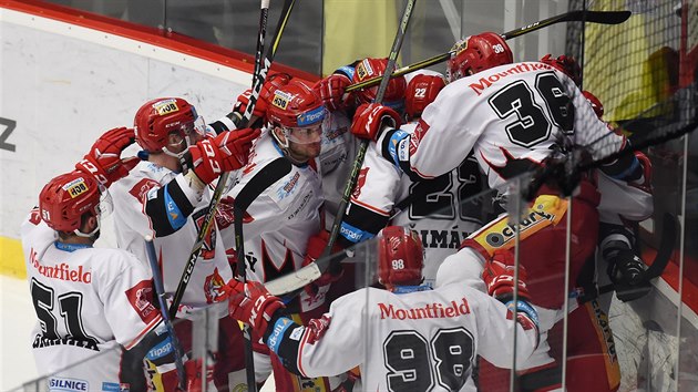 ŽIJEME. Hradečtí hokejisté se radují po vítězství 2:1 v prodloužení v Třinci