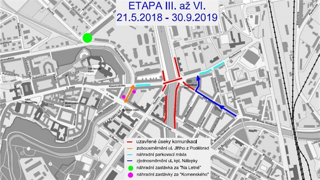 Pehled uzavrek v okol mostu v olomouck Komenskho ulici v hlavn fzi pestavby v obdob od 21. kvtna do 30. z 2019.