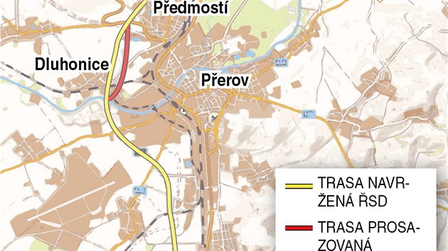 Znázornění úpravy trasy posledního úseku dálnice D1 u Přerova, o kterou se zasazuje hnutí Děti Země a také část obyvatel místní části Dluhonice.