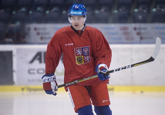 Útočník Filip Chytil na tréninku české hokejové reprezentace.