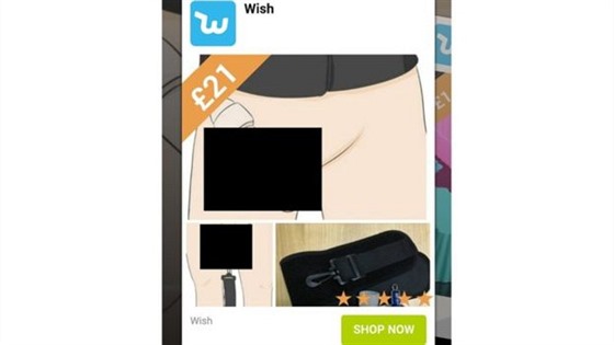 Reklama na pomůcku pro prodloužení penisu na stránkách Wish.com (cenzurováno)