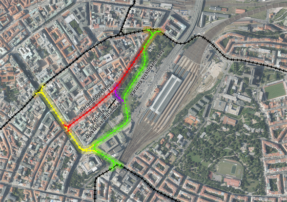 Ti varianty vedení trasy tramvají, které by spojily Vinohradskou ulici s...