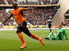 Útoník Wolverhamptonu Benik Afobe bí slavit branku proti birminghamu v...