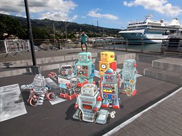 Roboti, Papeete, Tahiti: Chodníková malba vznikla v roce 2016 bhem ONO'U...