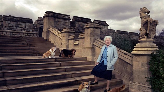 Na této oficiální fotografii vydané Buckinghamským palácem k jejím 90. narozeninám je královna Elizabeth II. Ve směru hodinových ručiček shora vlevo Willow (corgi), Vulcan (dorgie), Candy (dorgie) a Holly (corgi).