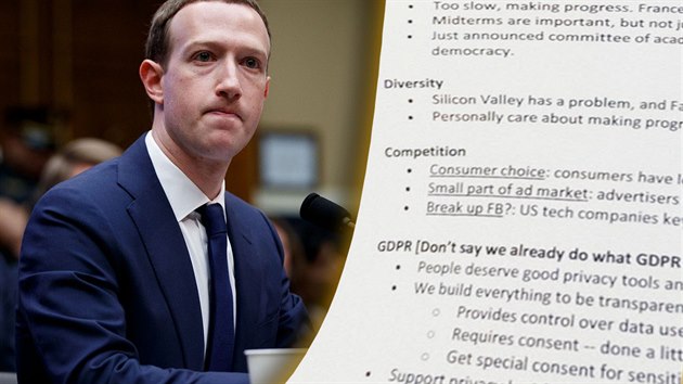 Mark Zuckerberg vypovídá před americkým Kongresem. Jeho poznámky unikly na veřejnost díky snímku fotografa Andrew Harnika (AP).