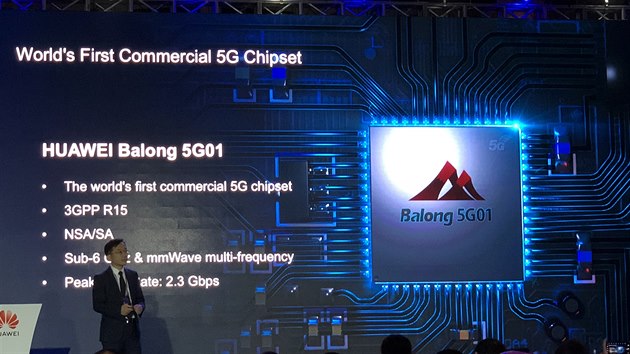 Nový čipset Balong 5G01, kterým budou vybaveny první 5G telefony Huawei.